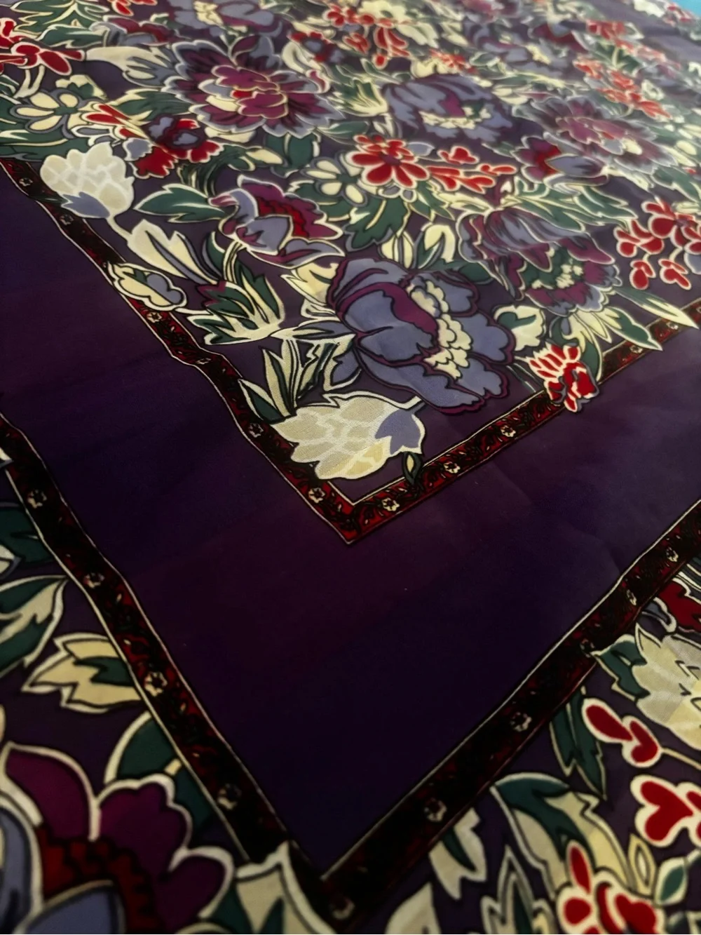 Vintage Floral Print Silk Scarf Blue Purple Pink Multi-Color